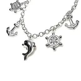 Pulsera plata Ley 925m fetiches ancla delfín cadena rolo [AC0315]