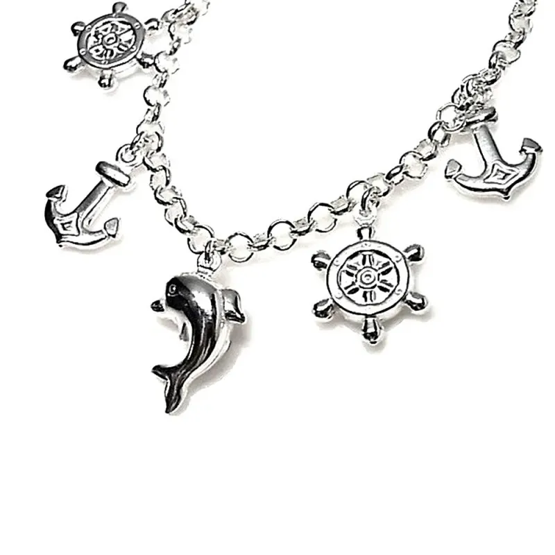 Pulsera plata Ley 925m fetiches ancla delfín cadena rolo [AC0315]