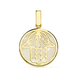 Colgante oro 18k Mano de Fátima 18mm. centro nácar [AC0909]