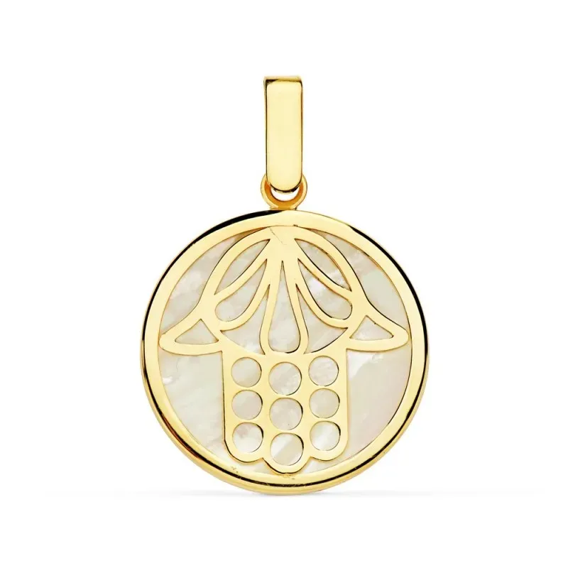 Colgante oro 18k Mano de Fátima 18mm. centro nácar [AC0909]