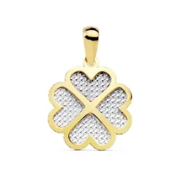 Colgante oro bicolor 18k motivo trébol 16mm. centro tallado [AC0910]