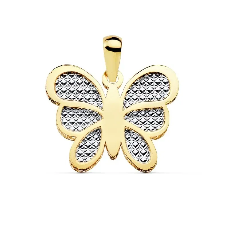 Colgante oro bicolor 18k motivo mariposa 17mm. centro tallado [AC0911]