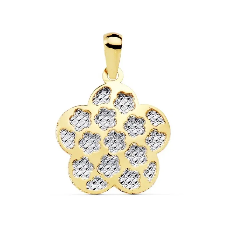 Colgante oro bicolor 18k motivo flor 17mm. centro tallado [AC0912]