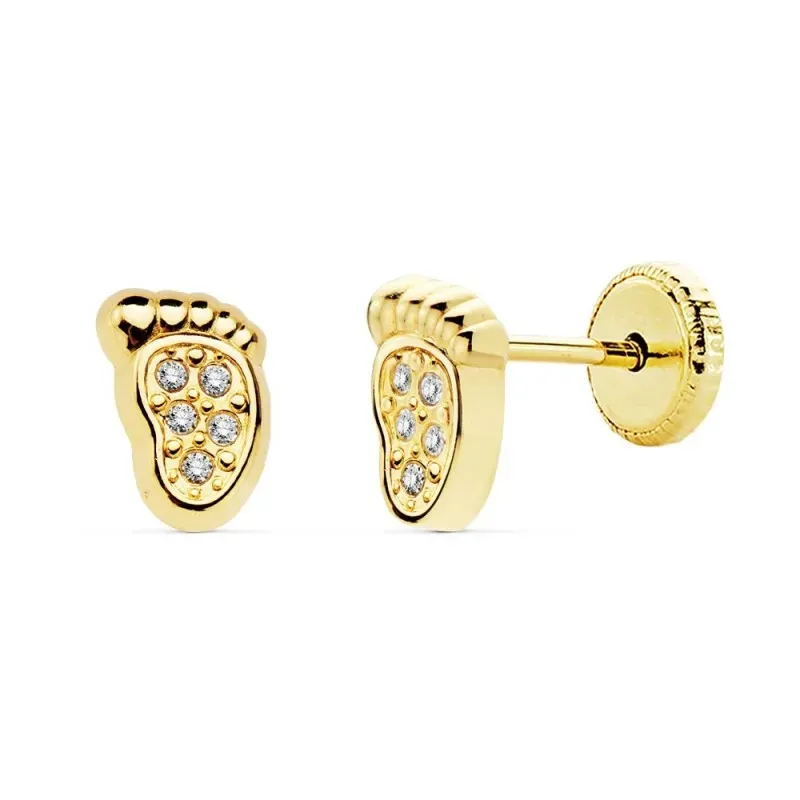Pendientes oro 18k pie bebé 6.5mm. niña circonitas tuerca [AC0922]