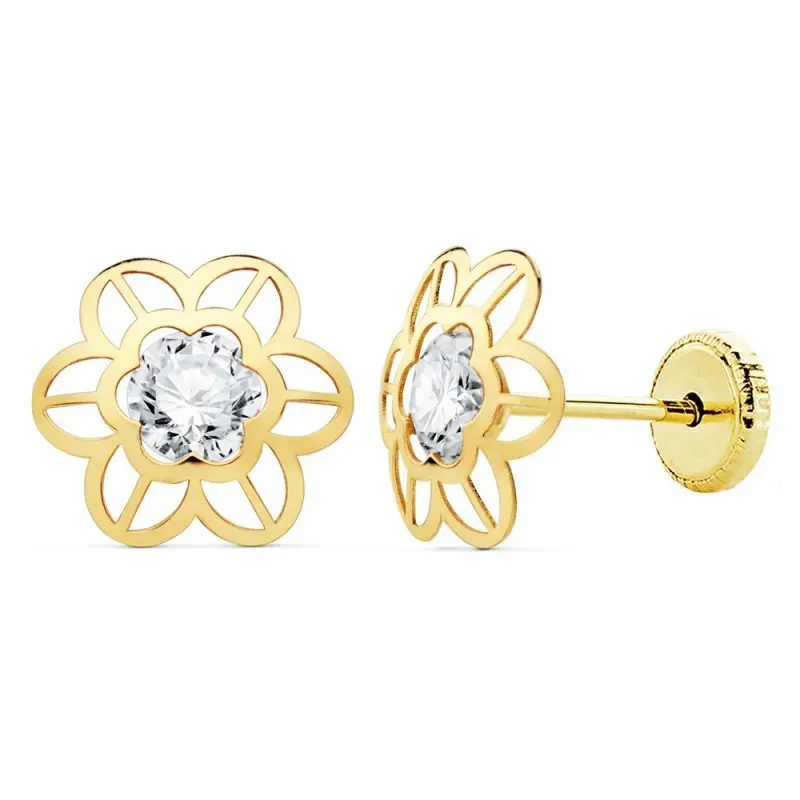 Pendientes oro 18k margaritas 9mm. caladas centro circonita [AC0927]