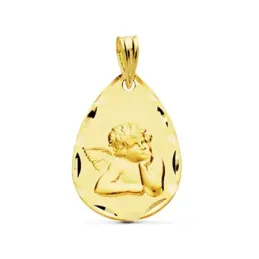 Medalla oro 18k Ángel forma gota borde tallado [AC0947GR]