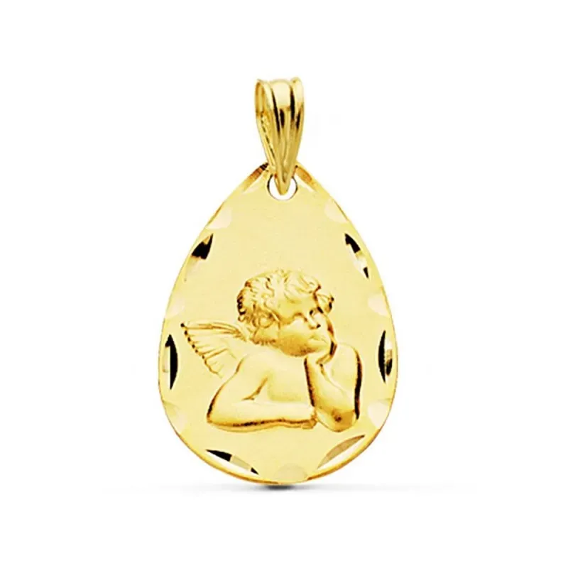 Medalla oro 18k Ángel forma gota borde tallado [AC0947GR]