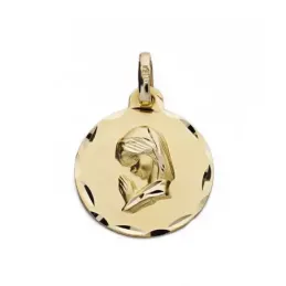 Medalla oro 18k Virgen Niña 16mm. rezando borde tallado [AC0948]