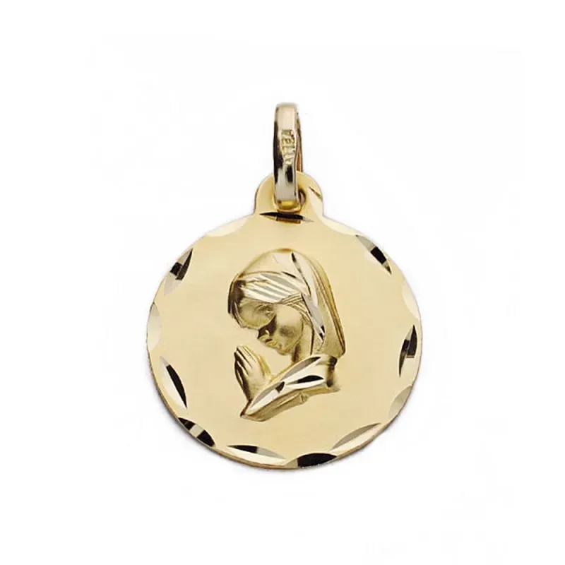 Medalla oro 18k Virgen Niña 16mm. rezando borde tallado [AC0948]