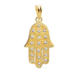 Colgante oro 18k Mano de Fátima 22mm. circonitas [AC0978]