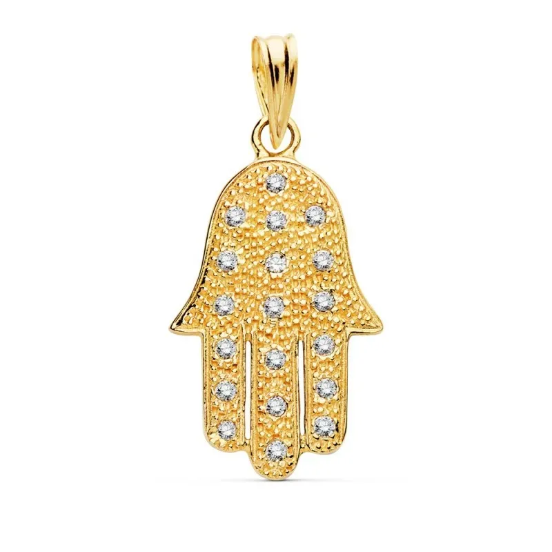 Colgante oro 18k Mano de Fátima 22mm. circonitas [AC0978]
