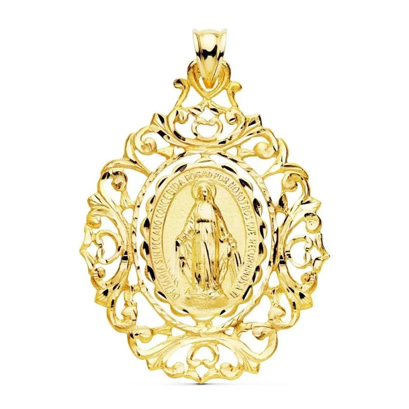 Medalla oro 18k Virgen Milagrosa 46mm. borde motivos tallados [AC1016]