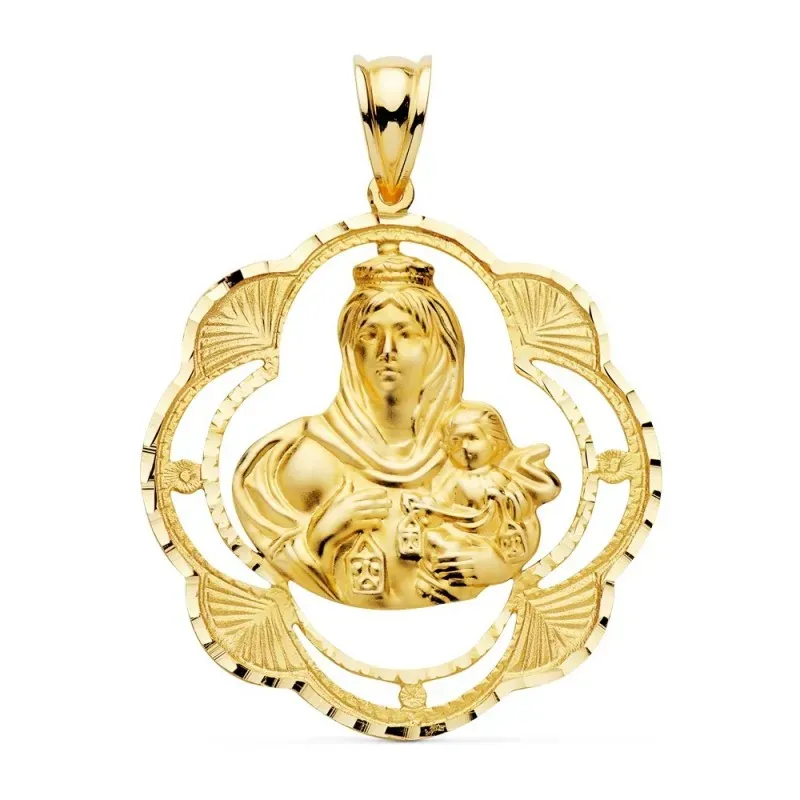 Colgante oro 18k Virgen Carmen 38mm. pandereta calado [AC1019]