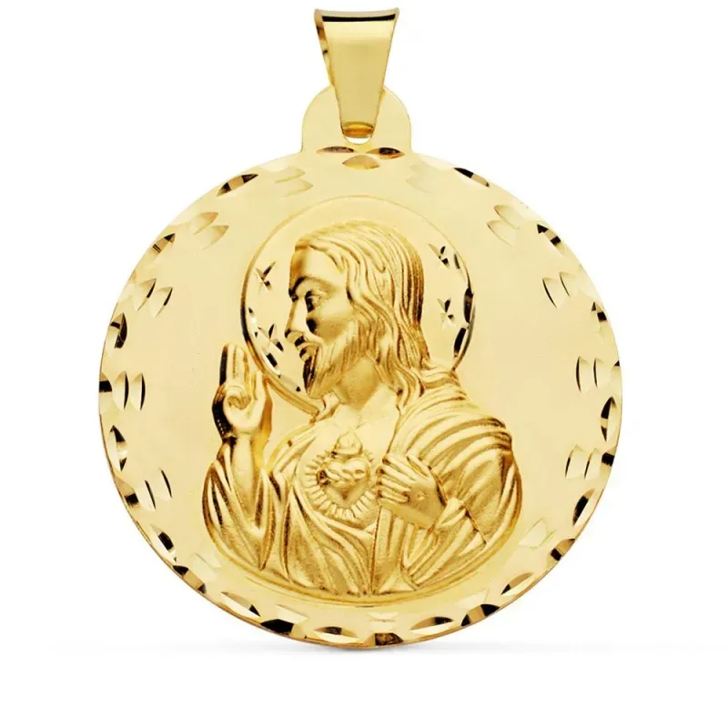 Colgante oro 18k Corazón de Jesús 42mm. liso bordes tallados [AC1022]