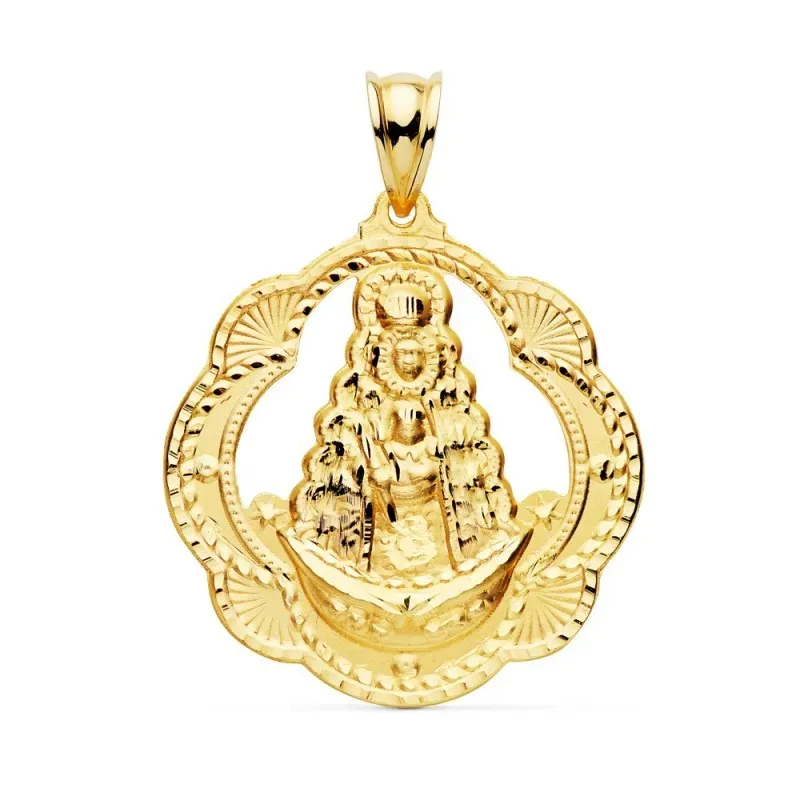Colgante oro 18k Virgen Rocío 35mm. pandereta calado [AC1027]