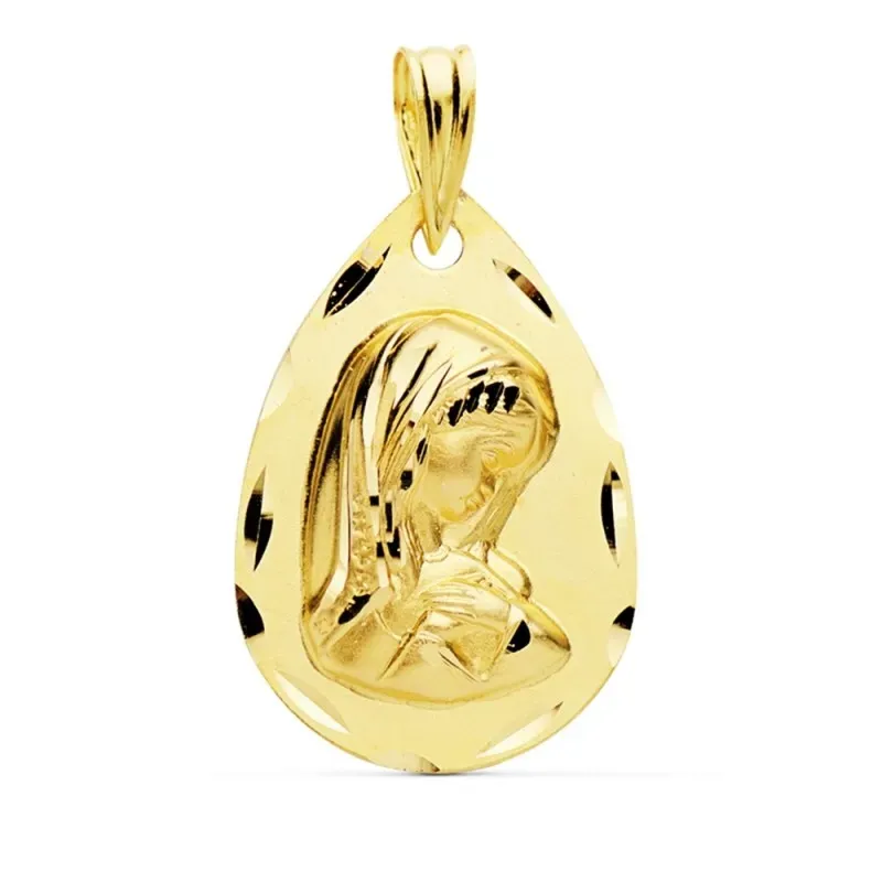 Medalla oro 18k Virgen Niña 21mm. lágrima borde tallado [AC1029GR]