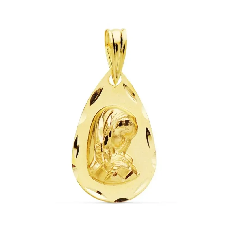 Medalla oro 18k Virgen Niña 19mm. lágrima borde tallado [AC1030GR]