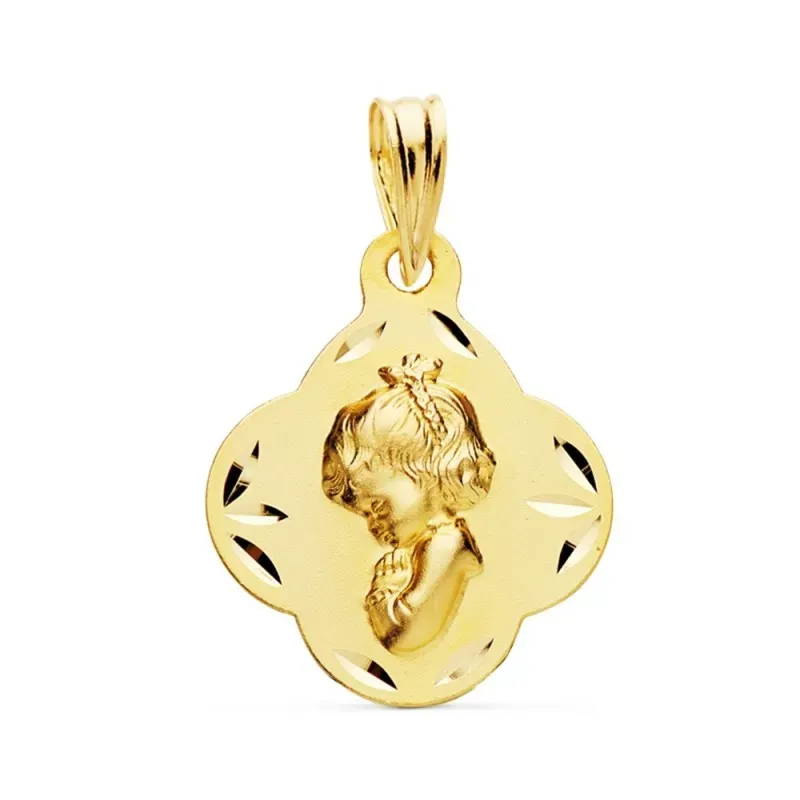 Medalla oro 18k Virgen Niña 19mm. borde tallado rombo [AC1032]