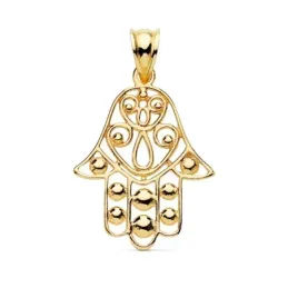 Colgante oro 18k Mano de Fátima 27mm. calado bolitas [AC1039]