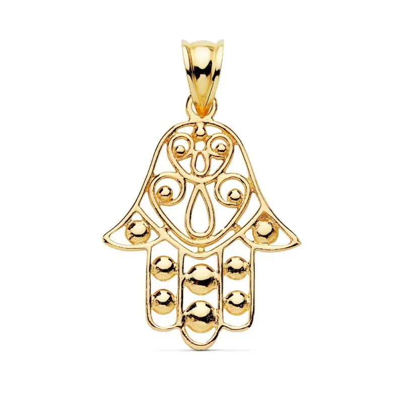 Colgante oro 18k Mano de Fátima 27mm. calado bolitas [AC1039]