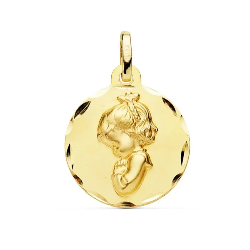 Medalla oro 18k Virgen Niña 18mm. borde tallado trenza paloma [AC1044]