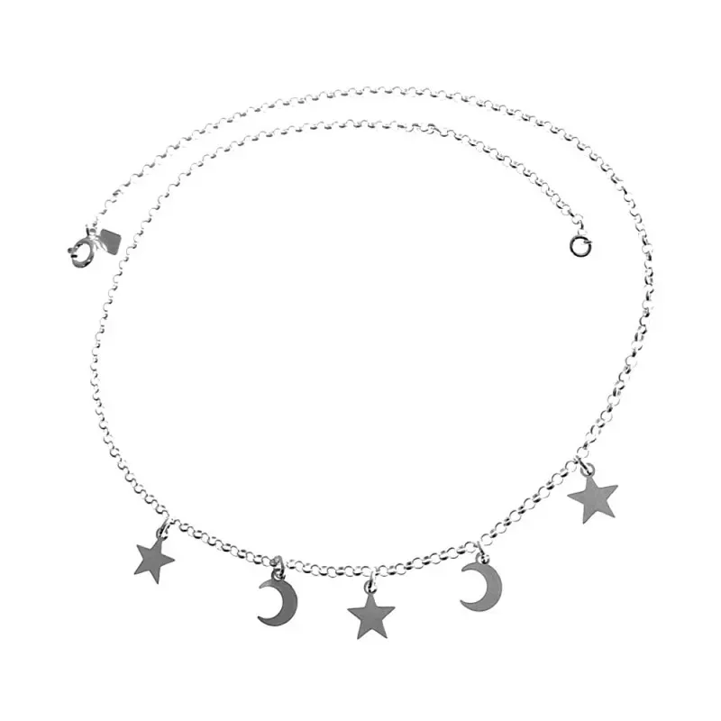 Gargantilla plata Ley 925m rolo 41cm. lunas estrellas cierre reasa mujer [AC1203]