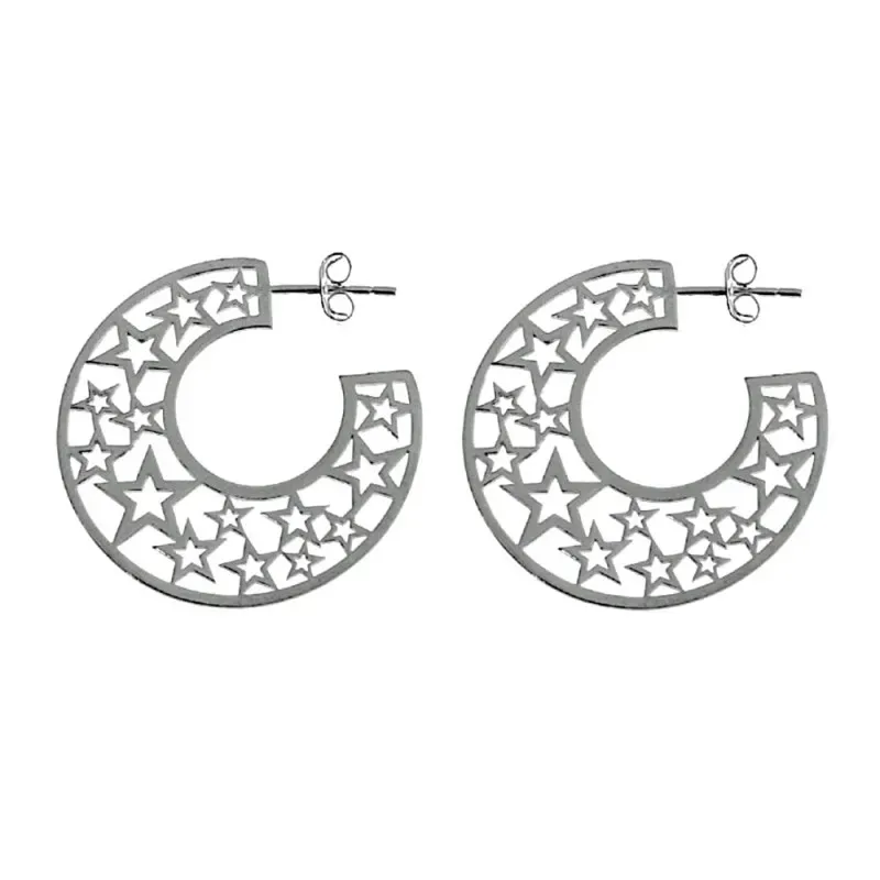 Pendientes plata Ley 925m aros 28mm. estrellas caladas cierre presión mujer [AC1204]