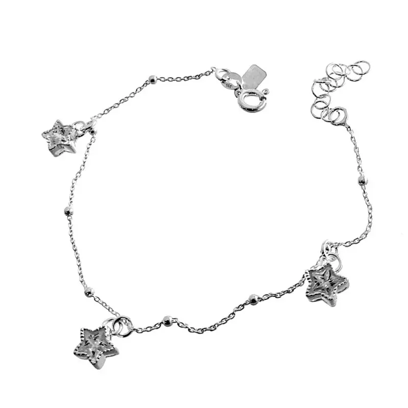 Pulsera plata Ley 925m 18.5cm. estrellas circonitas bolas lisas cierre reasa mujer [AC1248]