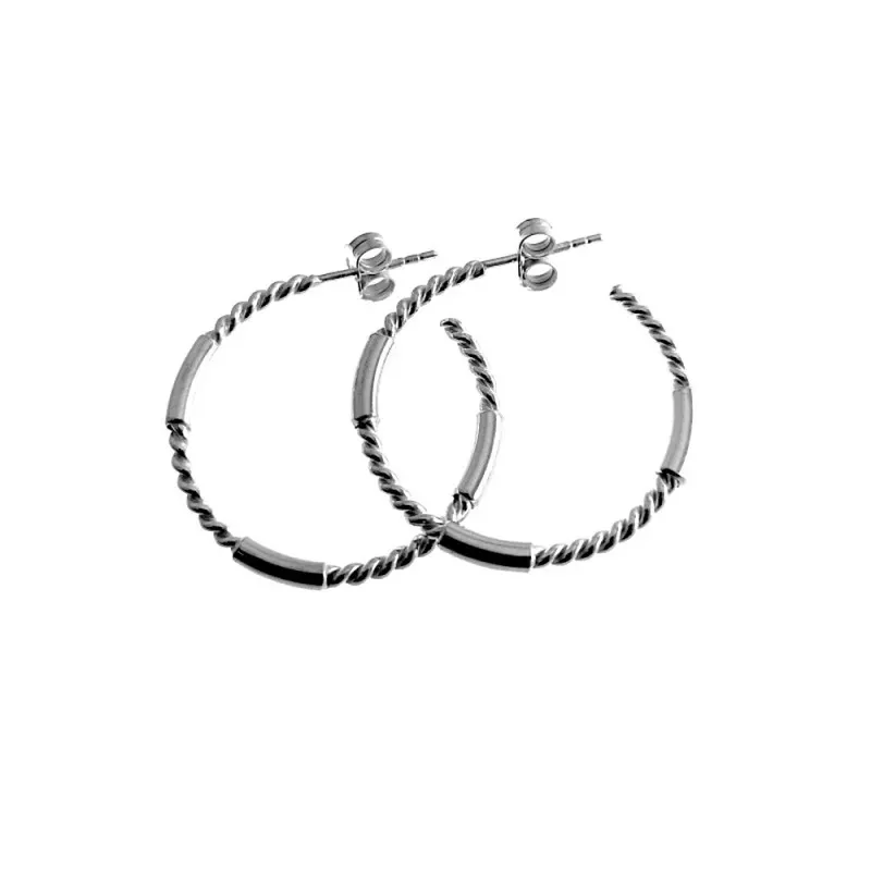 Pendientes plata Ley 925m aros 28mm. reliados tubos lisos cierre presión mujer [AC1253]