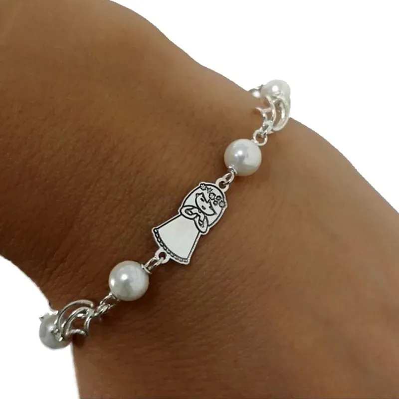 Pulsera plata Ley 925m primera comunión 16.5cm. motivo niña perlas jaulas cierre reasa [AC1269]