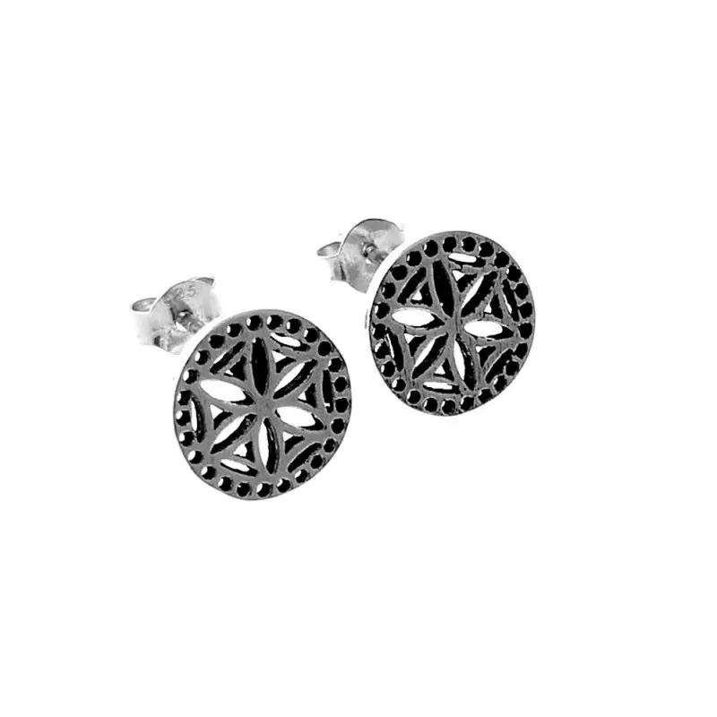 Pendientes plata Ley 925m oxidada rosetón 10mm. liso calado cierre presión mujer [AC1287]