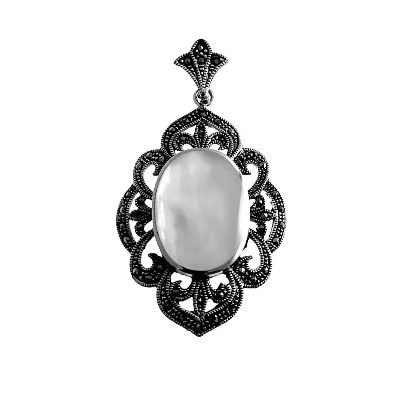 Colgante plata Ley 925m oval 45mm. nácar cerco calado marquesitas mujer [AC1343]