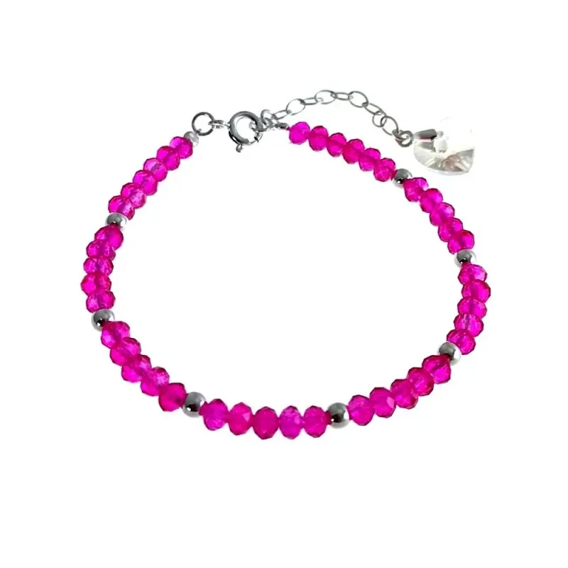 Pulsera plata Ley 925m bolas piedras rosas fetiche corazón cierre reasa mujer [AC1447]