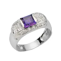Sortija oro blanco 18k centro amatista circonitas redondas cuadradas mujer [AC1655]
