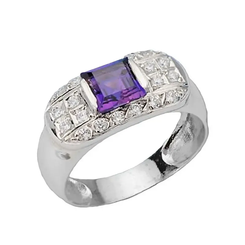 Sortija oro blanco 18k centro amatista circonitas redondas cuadradas mujer [AC1655]