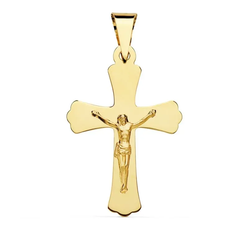 Colgante crucifijo oro 18k cruz lisa picos 34mm. centro cristo palo plano