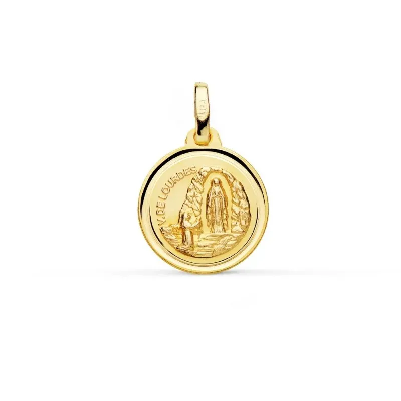 Medalla oro 18k Virgen de Lourdes 14mm. redonda cerco bisel
