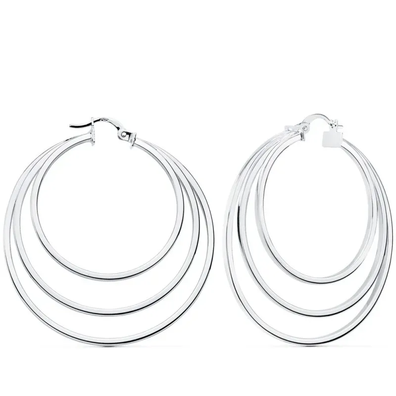 Pendientes oro blanco 18k mujer aros triples 43mm. huecos redondos cierre palillo