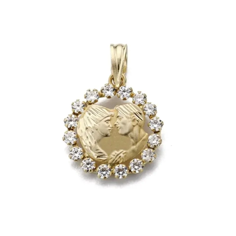 Colgante oro 18k pareja enamorados 16mm. tallado calado cerco circonitas
