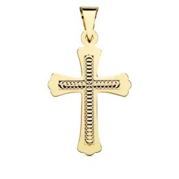 Colgante cruz oro 18k 34mm. centro tallado formas círculos borde liso picos redondos