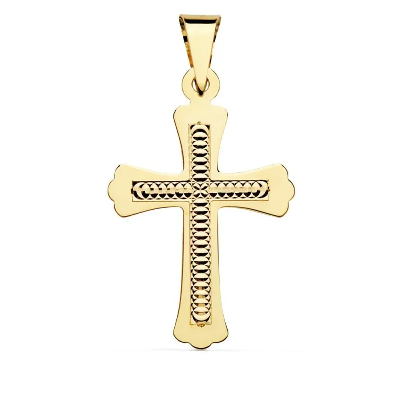 Colgante cruz oro 18k 34mm. centro tallado formas círculos borde liso picos redondos