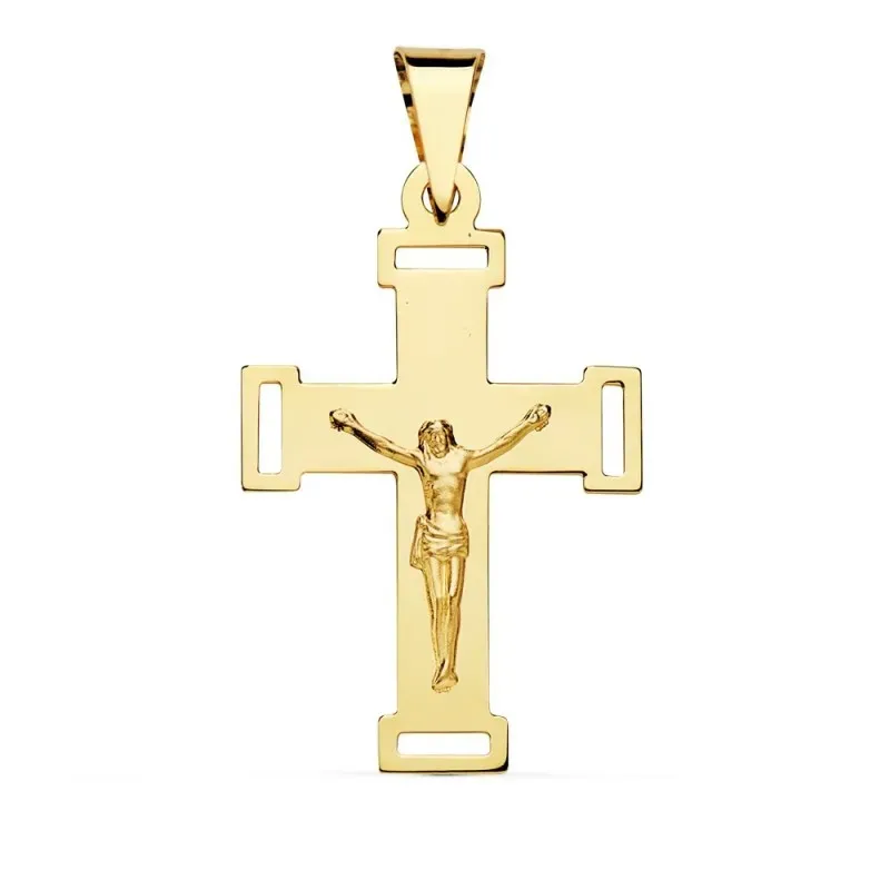 Colgante cruz oro 18k crucifijo 34mm. cristo lisa puntas rectángulos calados