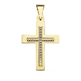 Colgante cruz oro 18k 34mm. centro tallado formas círculos borde recto