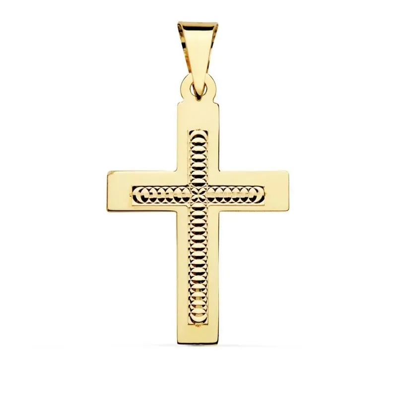 Colgante cruz oro 18k 34mm. centro tallado formas círculos borde recto