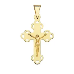 Colgante cruz oro 18k crucifijo 34mm. cristo lisa borde formas redondas caladas