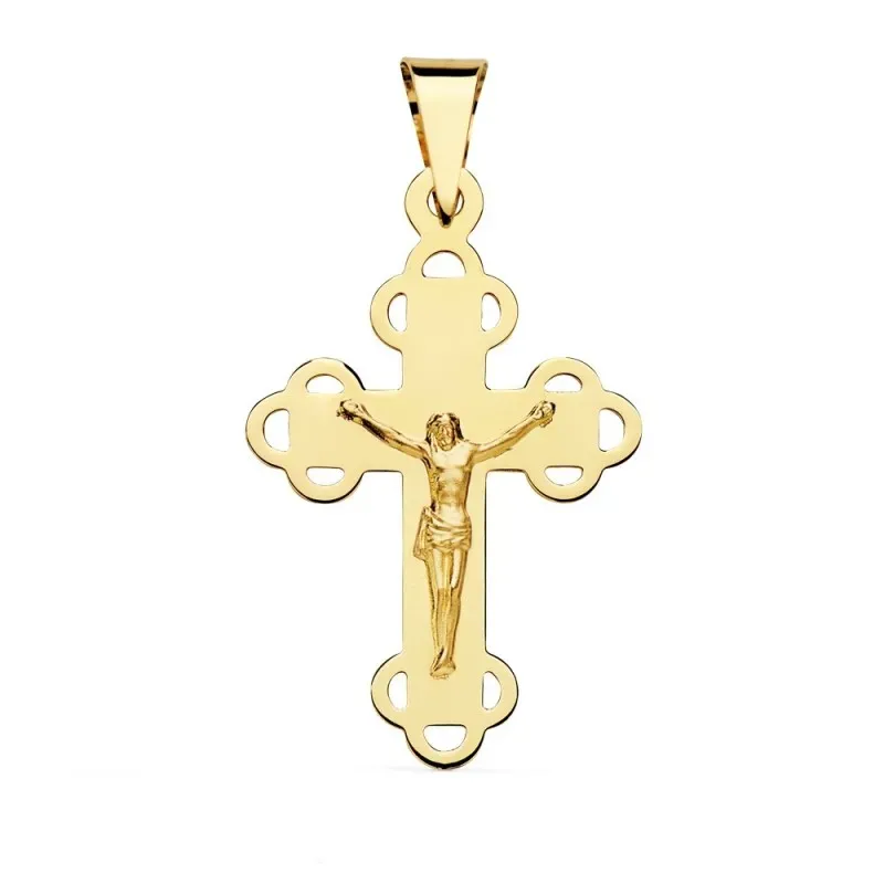 Colgante cruz oro 18k crucifijo 34mm. cristo lisa borde formas redondas caladas