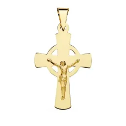 Colgante oro 18k cruz 34mm. crucifijo cristo lisa centro redondo calado palo plano rectangular