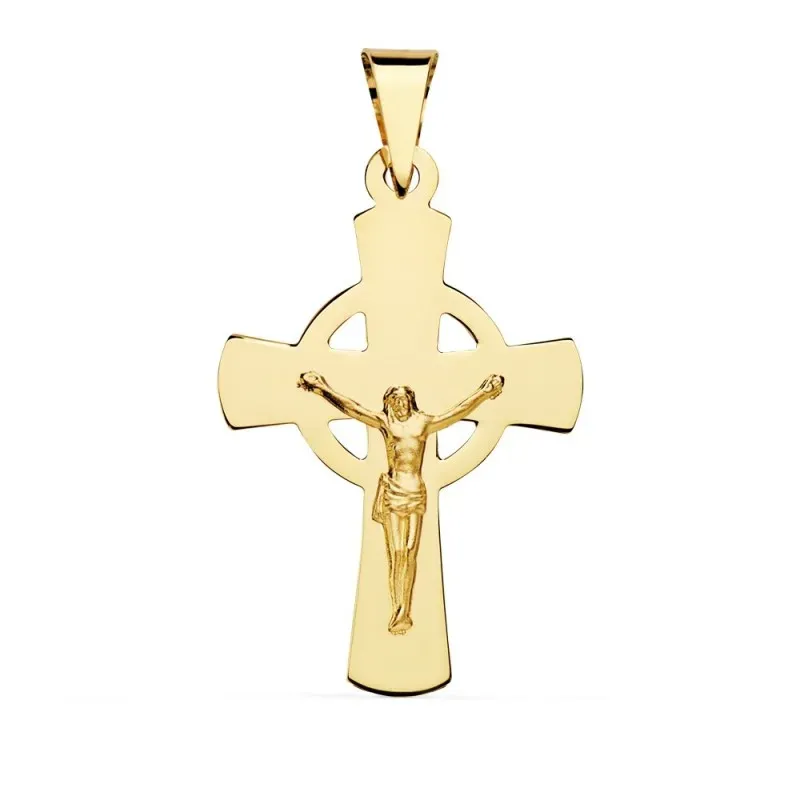 Colgante oro 18k cruz 34mm. crucifijo cristo lisa centro redondo calado palo plano rectangular