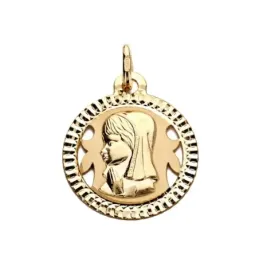 Medalla oro 18k Virgen Niña 16mm. redonda centro formas caladas cerco tallado