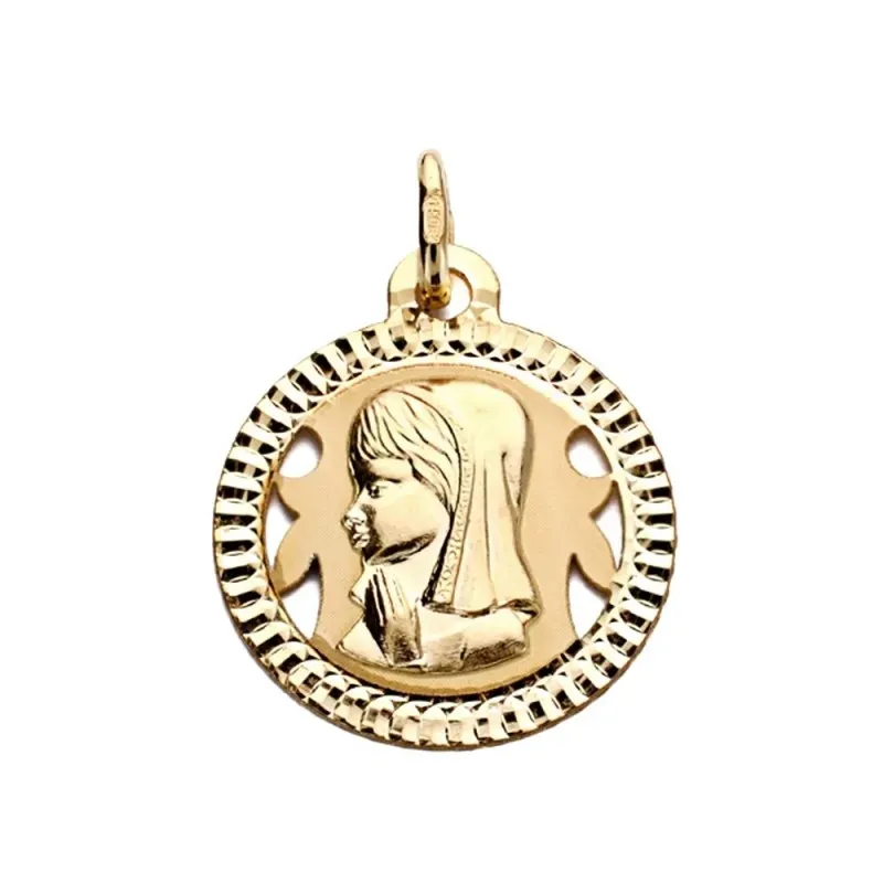 Medalla oro 18k Virgen Niña 16mm. redonda centro formas caladas cerco tallado